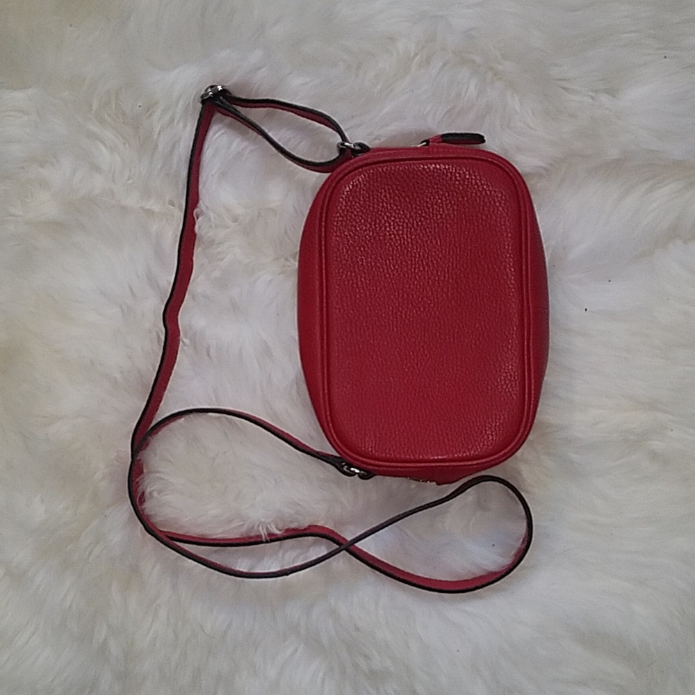 Corder London red pebbled leather camera crossbody